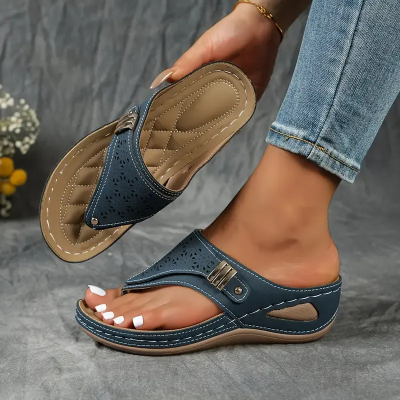 Women's Stylish Thong Sandals, Cut Out Platform Soft Sole Metallic Vacation Shoes, Comfort Wedge Beach Slides