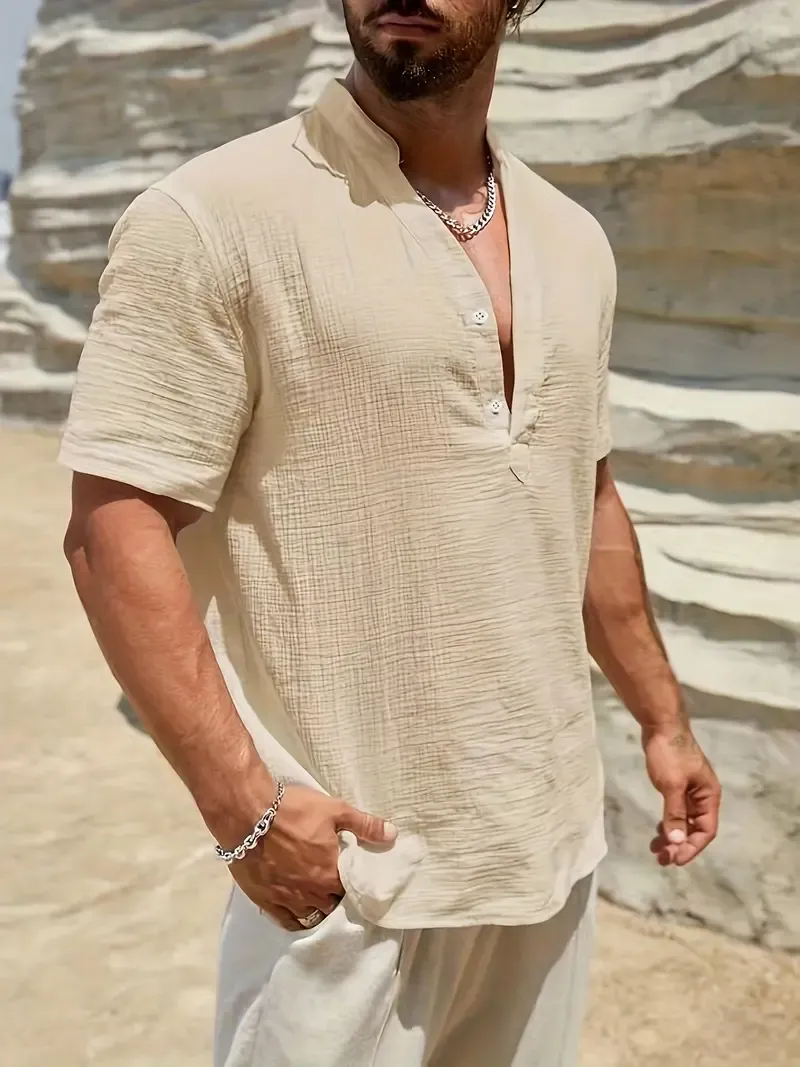 Men's Solid Cotton Short Sleeve Henley Shirt Top, Male Casual Half Button Up Shirt For Daily And Vacation Resorts Beach