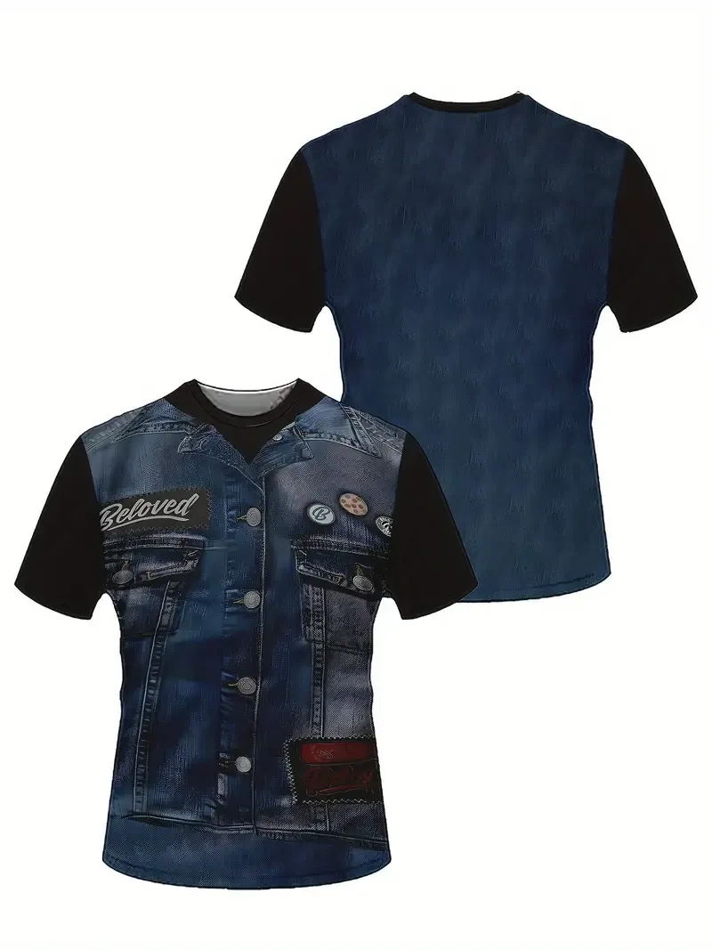 Denim Creative 3D Print Men's Short Sleeve T-Shirt, Casual Round Neck Top, Versatile And Comfortable Tee, Spring& Summer Collection