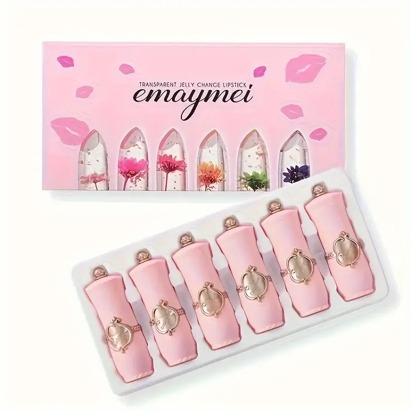 emaymei Transparent Jelly Change Lipstick: 6-Piece Set with Crystal Golden Foil, Flower Petals, and Shimmering Pink Hues