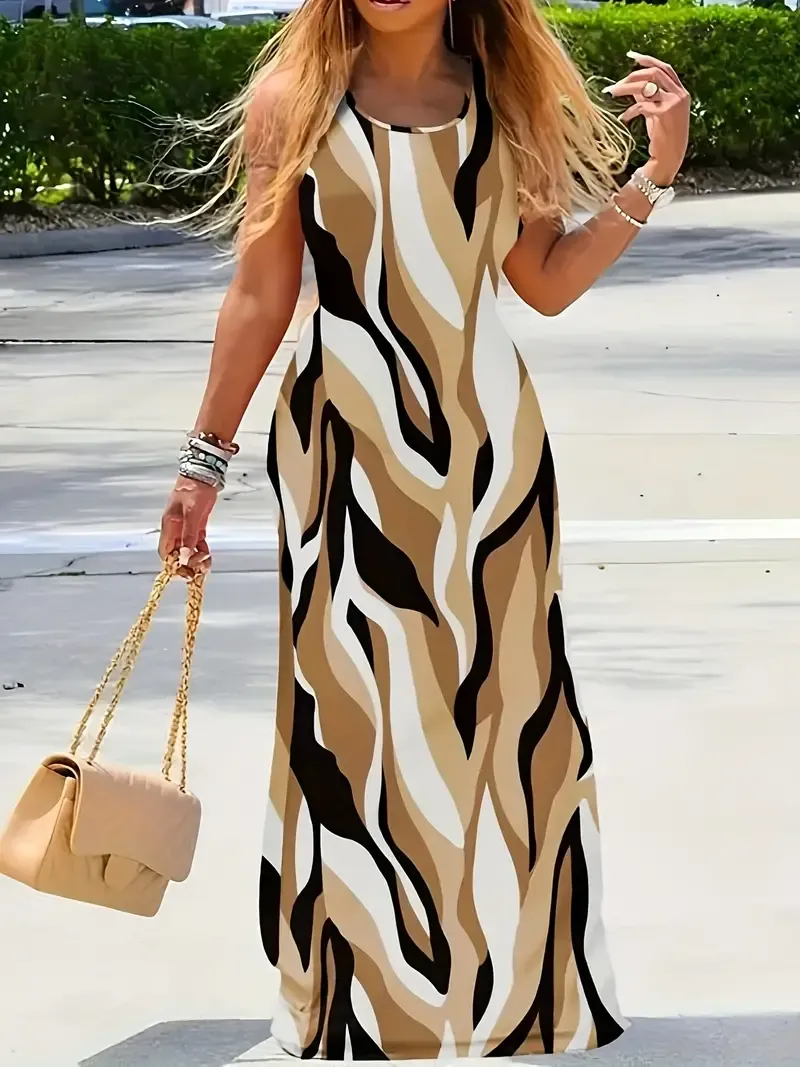 Patchwork Print Crew Neck Tank Dress, Casual Sleeveless Maxi Dress For Spring & Summer, Women's Clothing