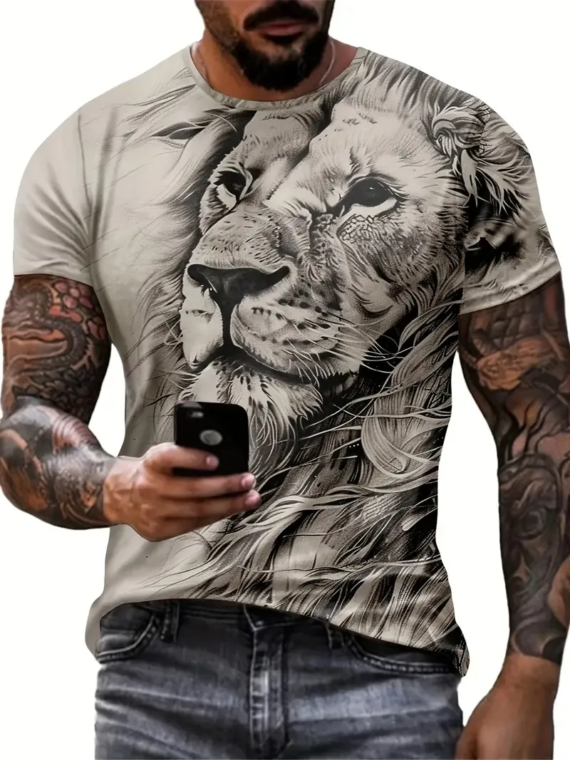 Men's Retro Sketch Style Cool Lion Pattern T-shirt, Crew Neck And Short Sleeve Tee, Chic And Stylish Tops For Summer Street And Sports Leisurewear