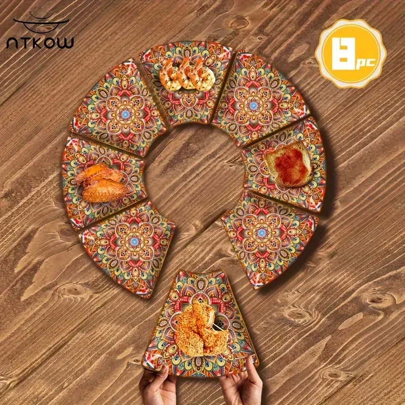 8pcs  Bohemian Reunion Platter Tableware Combination Home Use Plate Ceramic Bowl Set New Year Round Table Dinner Plate 25.4 cm