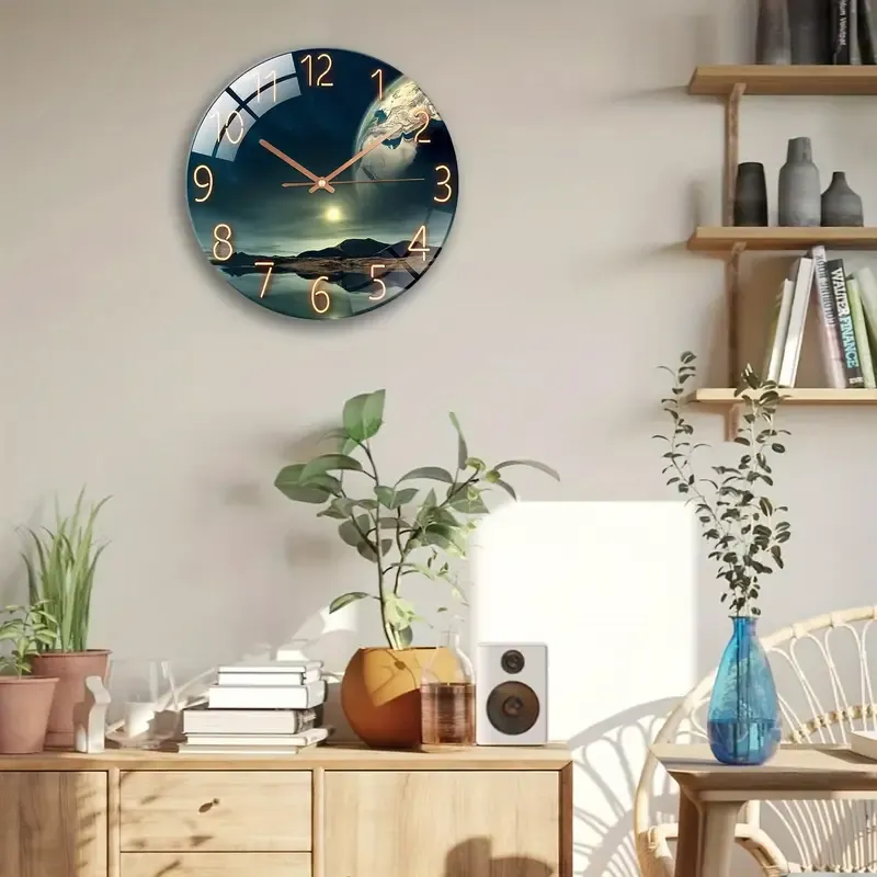 12-Inch Silent Glass Wall Clock with Earth Landscape Design - Thick Tempered Glass, Battery Operated (AA), Perfect for Living Room & Bedroom Decor, Ideal Gift for Christmas, Halloween, Birthdays