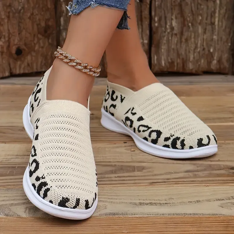 Women's Leopard Print Knit Sneakers, Slip On Breathable Flat Stretch Casual Shoes, Lightweight Low-top Comfy Shoes