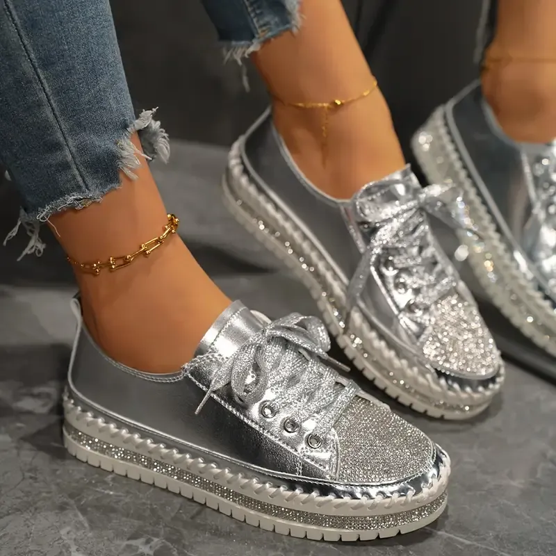 🔥🔥Hot Sale Promotion -Women's Fashion Skate Shoes, Lace Up Rhinestone Decor Platform Sneakers, Thick Bottom Outdoor Sports Shoes For Music Festival