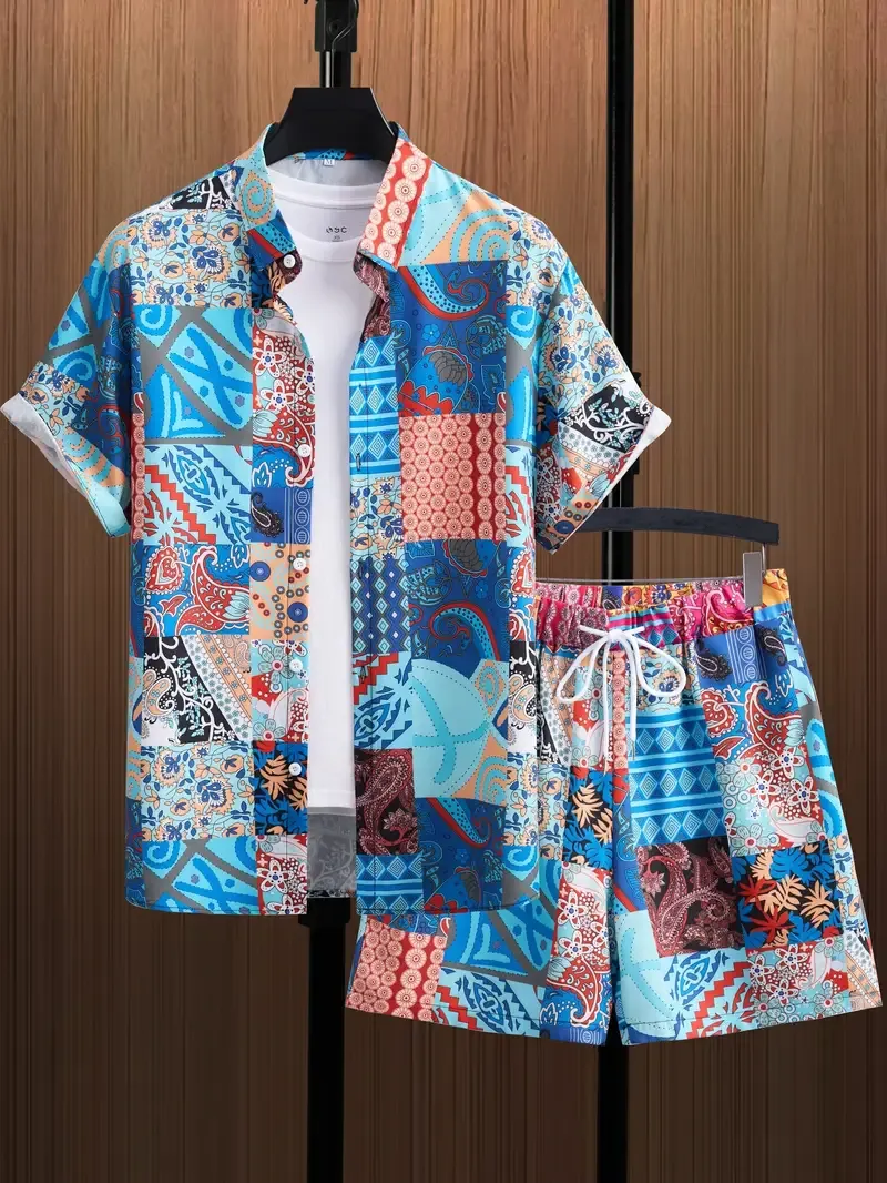 Ethnic Color Block Men's 2Pcs Outfits, Casual Camp Collar Lapel Button Up Short Sleeve Shirts Hawaiian Shirt And Drawstring Shorts Set For Summer, Men's Clothing