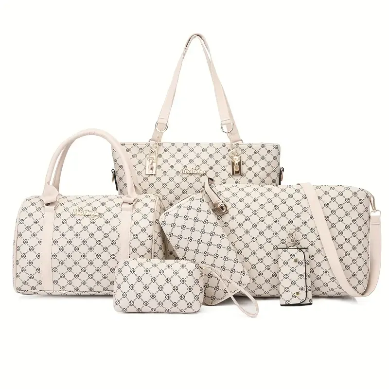 6pcss set Designer Brand Inspired PU Leather Keychain Wallet, Wristlet, Handbag, Crossbody Bag, Tote Bag, Duffle Bag Set