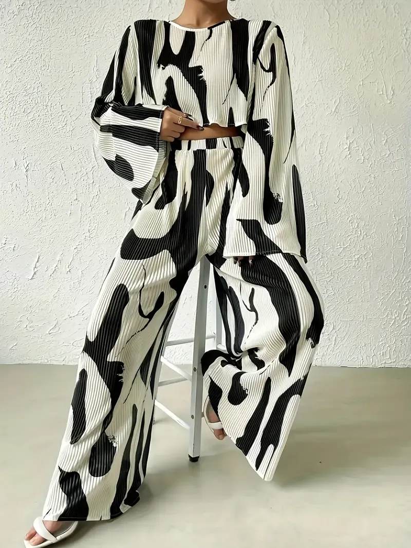 Long Sleeve Two Tone Elegant Pantsuit, Crew Neck Top & Wide Leg Loose Pants, Women's Clothing
