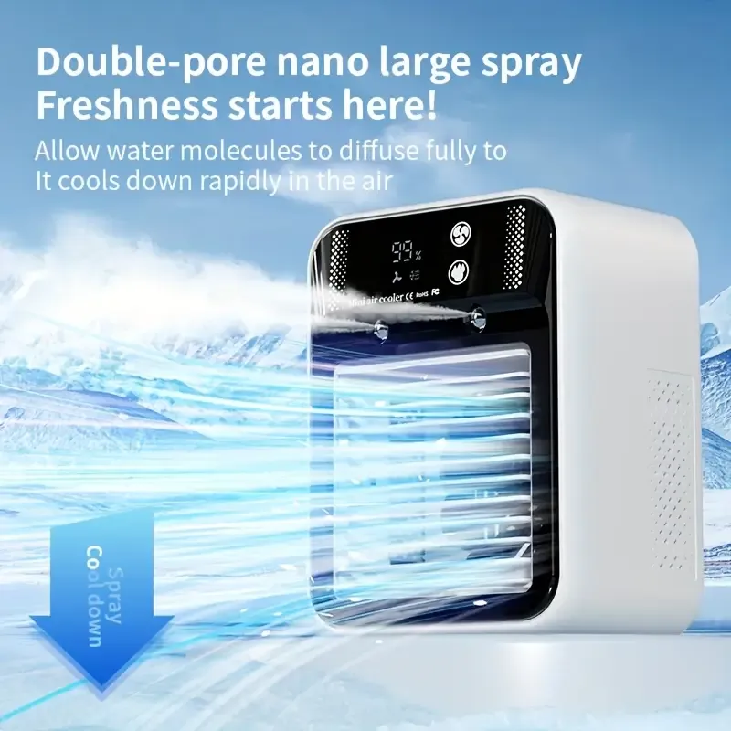 2025 New Smart Water-Cooled Fan with Ice Cooling, Portable Desktop Spray Humidifier, Rechargeable Or USB Powered, 2-Speed Adjustment, Battery Capacity: 3000Mah, Square Shape, 36V Or Below, No Energy Efficiency Rating,