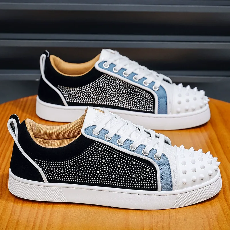 Men's Red-Soled Casual Shoes with Rivets and Rhinestones Trendy Men's Sneakers Two-Tone Hip-Hop Trainers