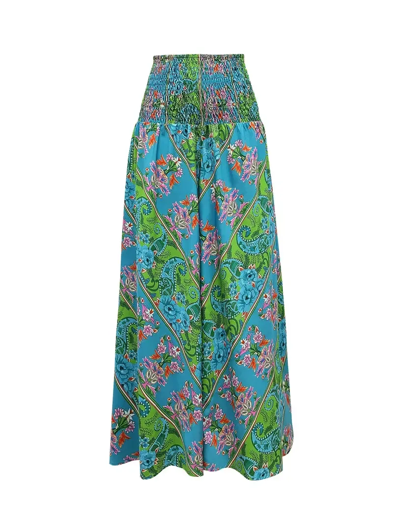 High Waist Boho Floral Print Shirred Waist Pants, Casual & Versatile For Spring & Summer, Women's Clothing