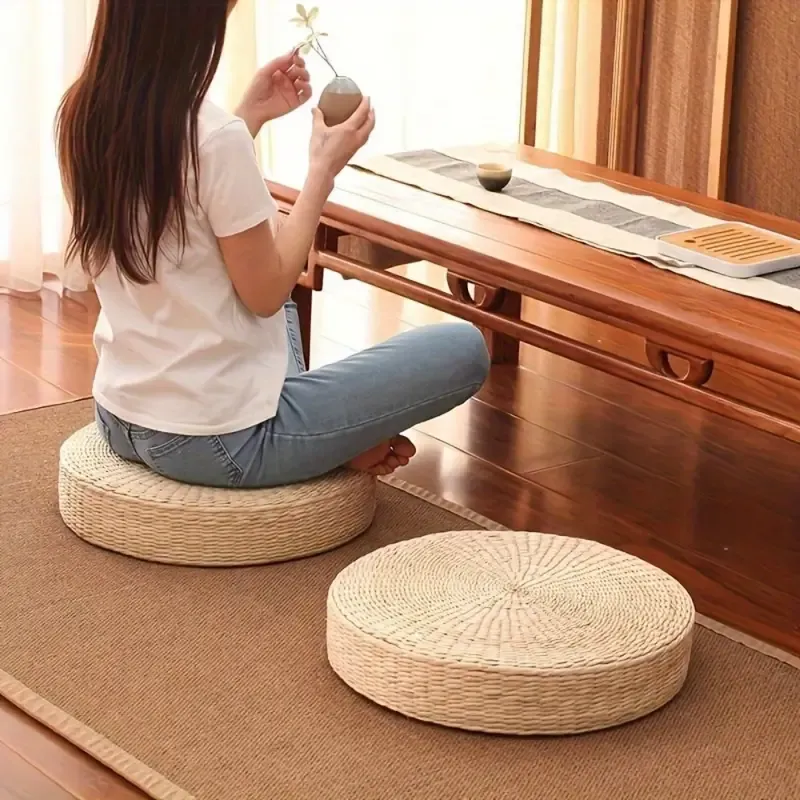 1 PC Handcrafted Round Tatami Meditation Mat - Suitable for Meditation, Yoga, and Seated Activities. Office Furniture Accessories. Partial Cleaning Instructions Included.