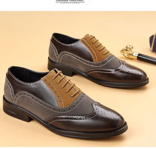 Plus-size formal men's shoes, brogue detailing, trendy men's business casual leather shoes, breathable new style, British color blocking.