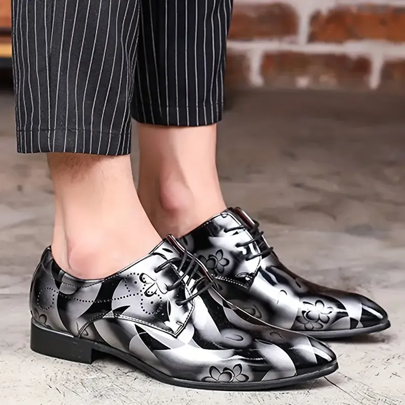 Men's Sleek Pointed-Toe Dress Shoes - Floral Pattern, Lace-Up, Formal & Casual Wear for Weddings and Special Occasions