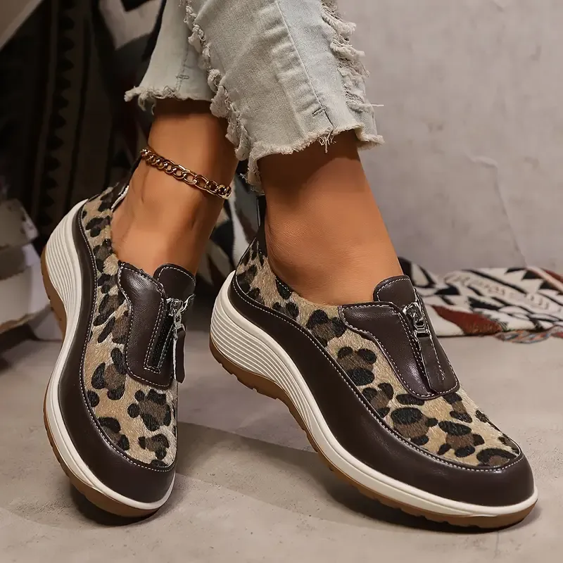 Women's Leopard Print Fashion Sneakers with Zipper Closure, Low Top Casual Athletic Shoes with Mesh Lining and PU Sole, Hand Washable - Quanzhou Manufactured