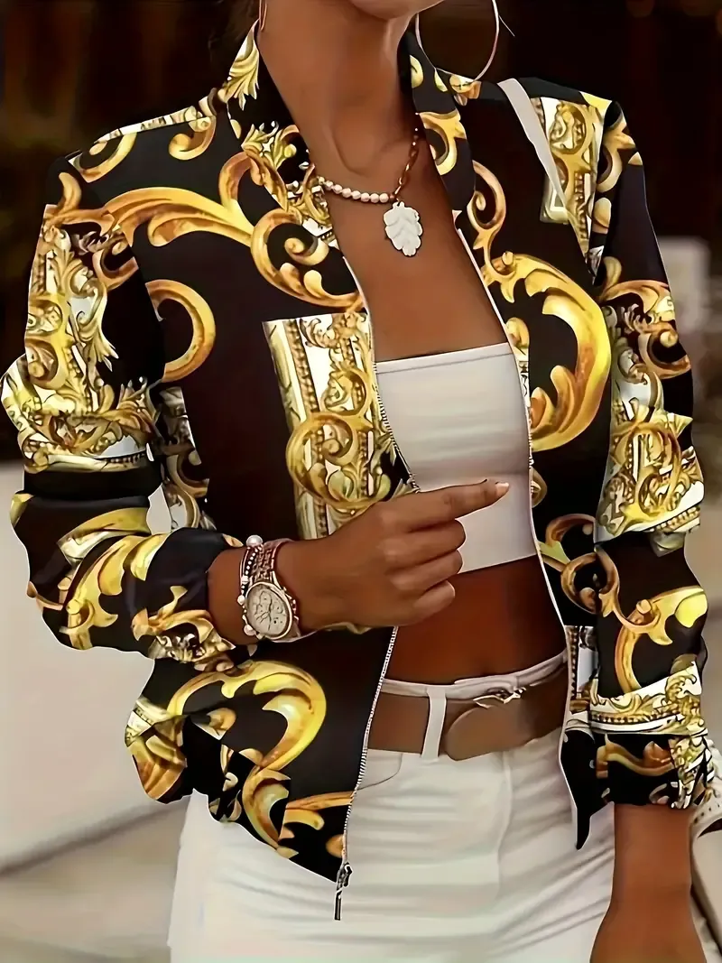 Plus Size Casual Jacket, Women's Plus Baroque Print Long Sleeve Zip Up Crop Bomber Coat