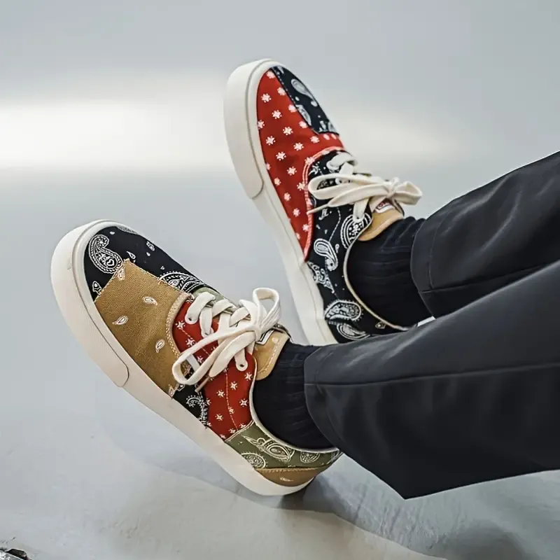 Men's Canvas Sneakers 2024 New Autumn Breathable High-Top Shoes, Versatile Casual Streetwear, Random Pattern, Low Top, PVC Sole, Fabric Lining, Lace-Up Closure, for Men & Women
