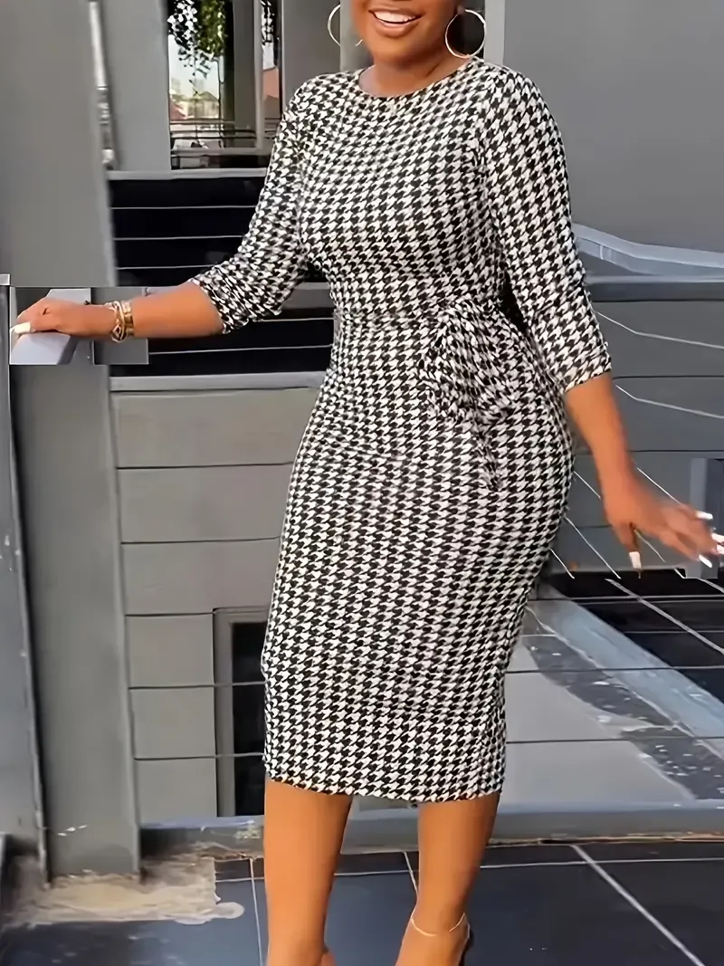 Houndstooth Print Split Dress, Casual Bodycon Dress, Women's Clothing