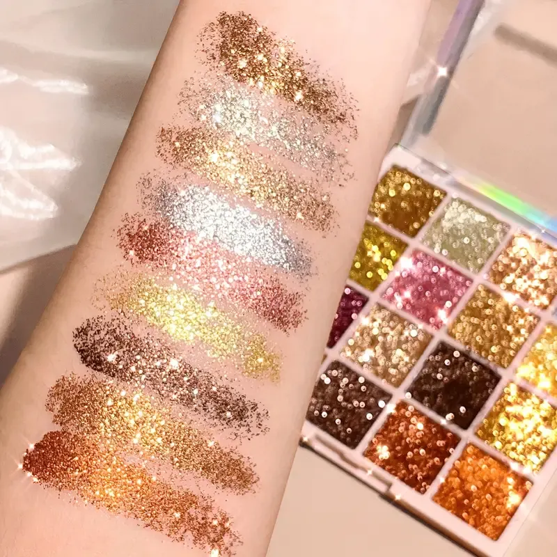 16-Color Glitter Eyeshadow Palette, High Pigment Golden Orange Sparkly Shimmer, Perfect For Stage, Party Makeup, Multi-Purpose For Eye, Lip & Face, Fashion Makeup For Music Festival