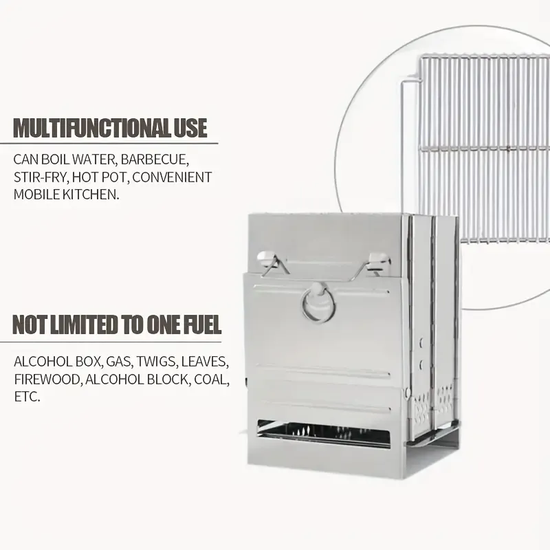 1pc Multi-Purpose Portable Folding Stainless Steel Wood Stove for Outdoor, Square Unfinished Fire Pit with High-Temperature Resistant Grill, Ideal for Boiling, BBQ, Frying, Hot Pot, Includes Storage Bag - No Lighter Device Included