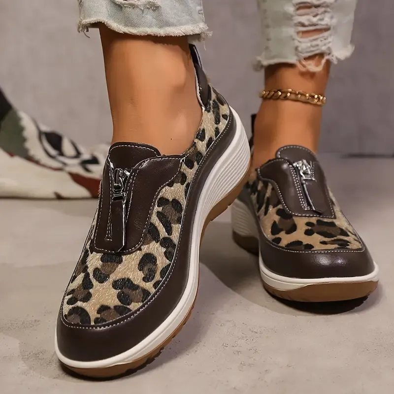 Women's Leopard Print Fashion Sneakers with Zipper Closure, Low Top Casual Athletic Shoes with Mesh Lining and PU Sole, Hand Washable - Quanzhou Manufactured