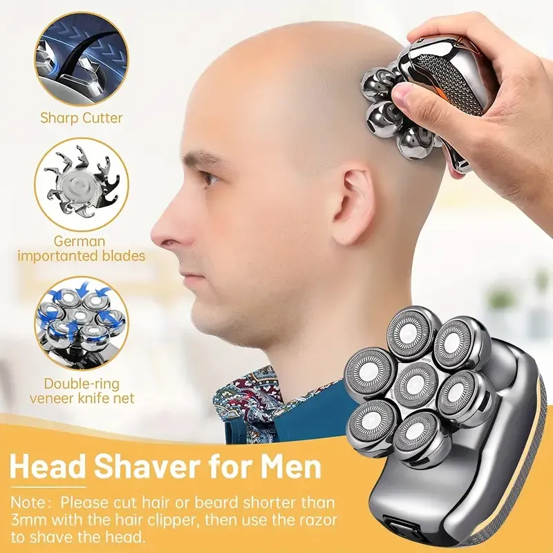 Men's Electric Head Shaver Razor, Men's Shaver - Rechargeable Cordless Hair Shaving Razors For Bald Men, 6 In 1 Wet Dry Beard Trimmer Body Hair Cutting Clipper Grooming Kit, 7 Rotary Heads, Holiday Gift Father's Day Gift