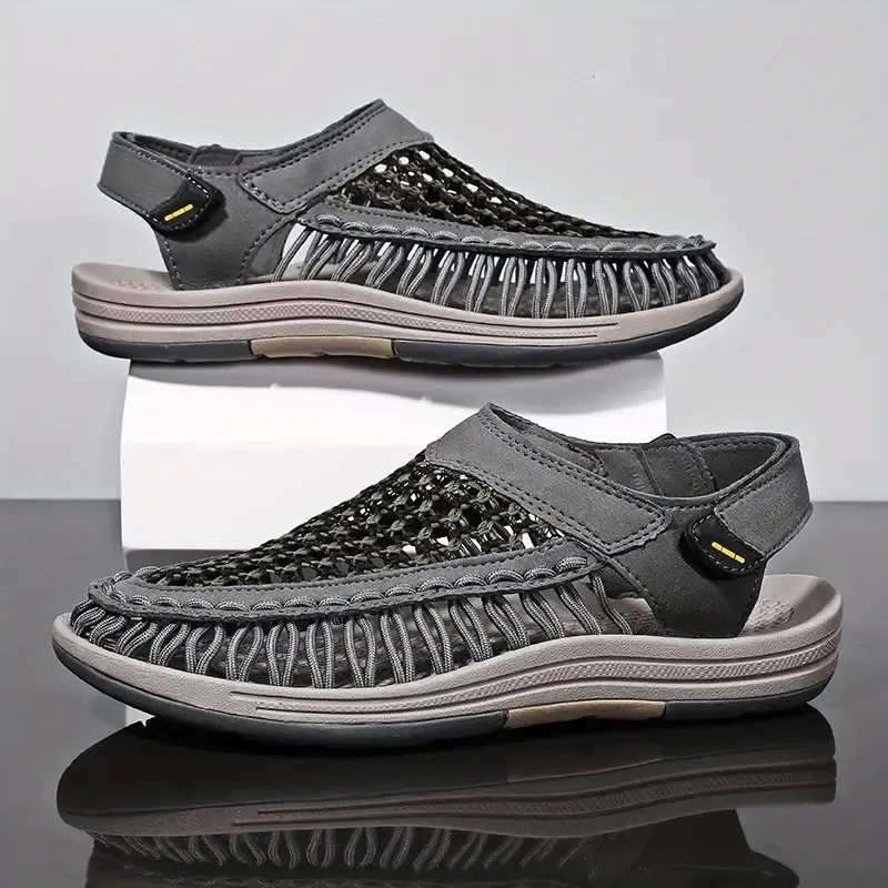 Men's Slip On Casual Woven Sandals, Fashionable Breathable Non-Slip Beach Shoes