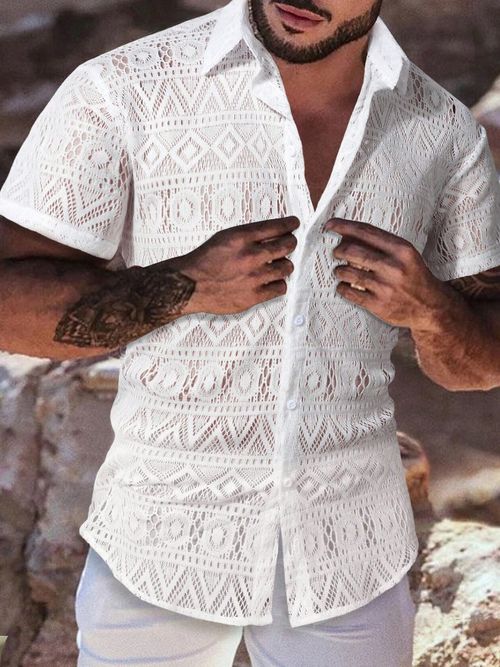 Men's Solid And Geometric Graphic Pattern Short Sleeve Button Up Lapel Shirt Wit Hollow Fabric, Comfy And Breathable Trendy Tops For Summer Outdoors Leisurewear