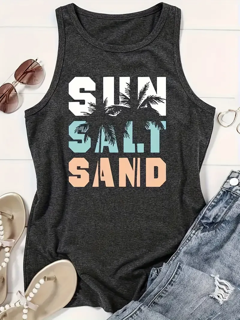Coconut Tree Print Crew Neck Tank Top