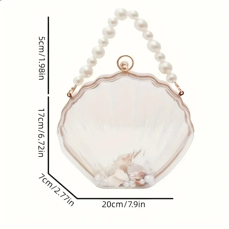Transparent Elegant Acrylic Shell Pearl Chain Crossbody Clutch – Fashionable Handbag for Special Occasions