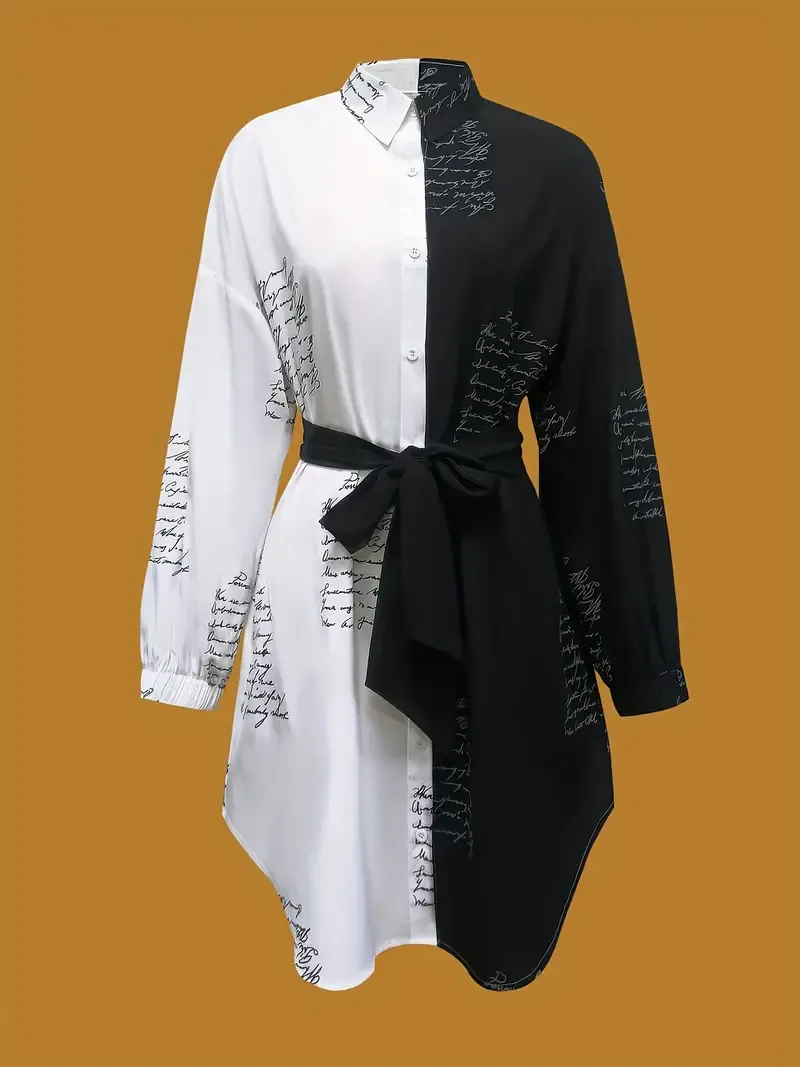 Color Block Button Front Shirt Dress, Casual Long Sleeve Belted Dress, Women's Clothing