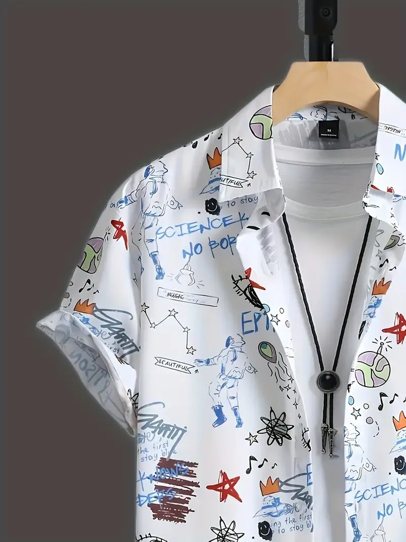 Men's Cartoon Graphic Allover Print Short Sleeve Lapel Shirt Top, Male Casual Button Up Shirt For Daily And Vacation Resorts Beach