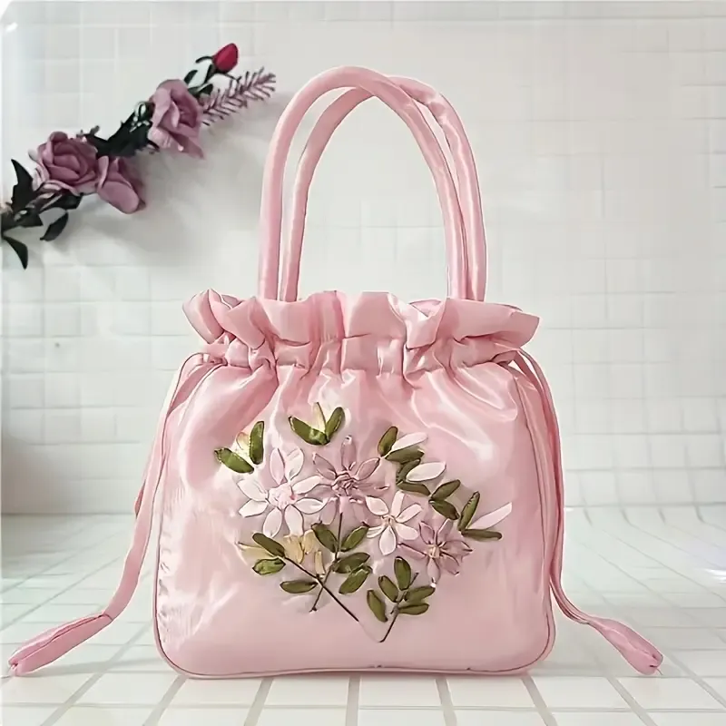 Chic Embroidered Floral Handbag for Women - Versatile Nylon Tote with Zip Closure, Available in Multiple Colors