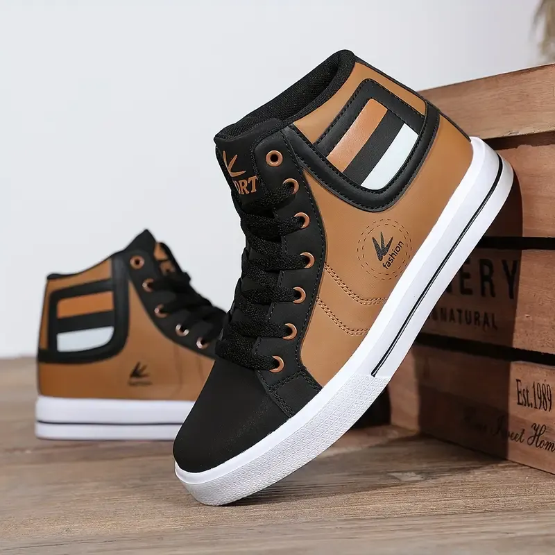Comfy Non Slip Men's High Top Skateboard Shoes Solid Classic Trendy Lace Up for Outdoor Walking Hiking Jogging All Seasons