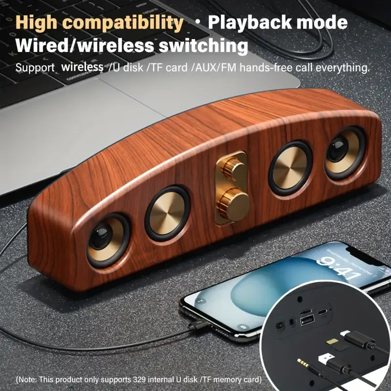 Elegant Wood Grain Finish - Portable Design with Low Frequency, Type-C, and 5-Watt Max Power for Rich Bass and Clear Sound - Ideal for Parties, Gaming, Movies - Perfect Gift for Music Lovers