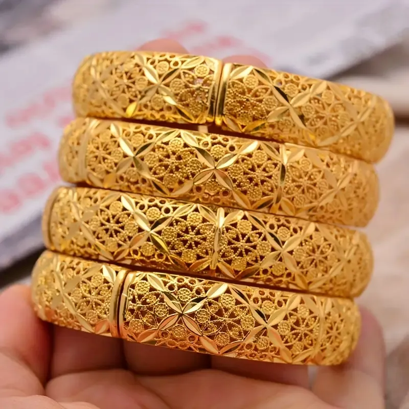 1pc 24K Gold Plated Ladies Open Bracelet Hand Jewelry Bride Luxury Ethnic Style Open Bangle Ladies Wedding Bracelet