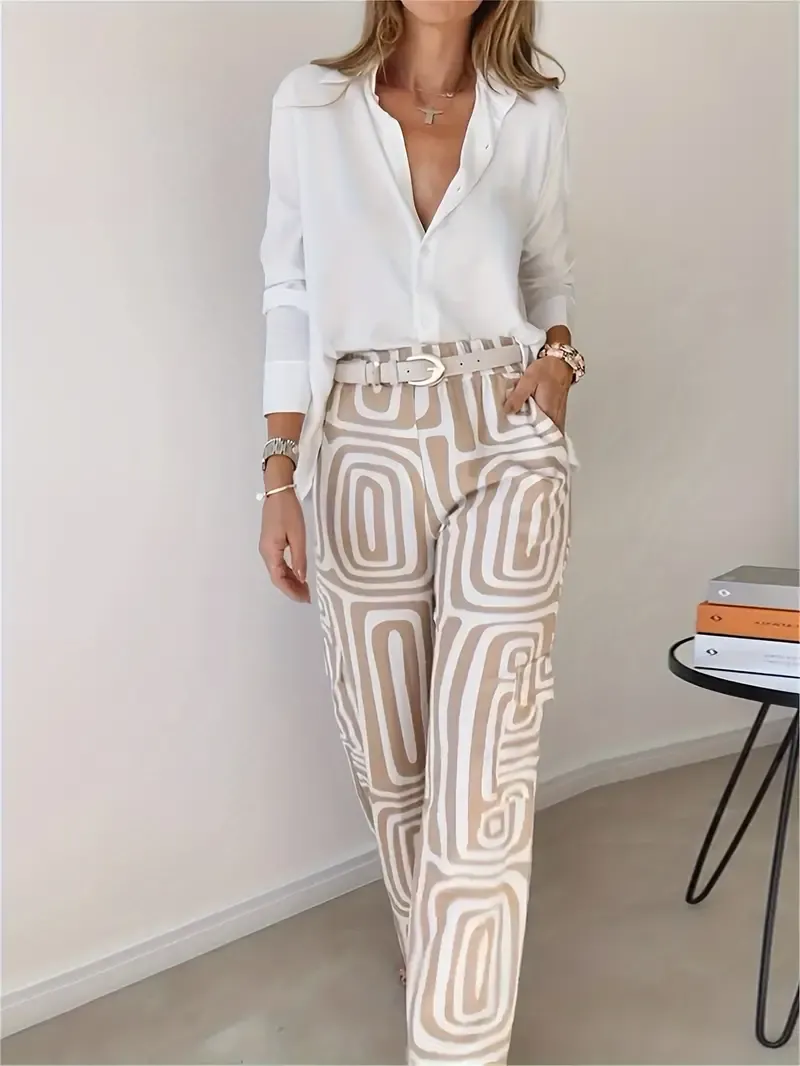 Long Sleeve Striped Print Pantsuits, Elastic Waist Color Block Pants & Button Front Shirt Outfits, Women's Clothing