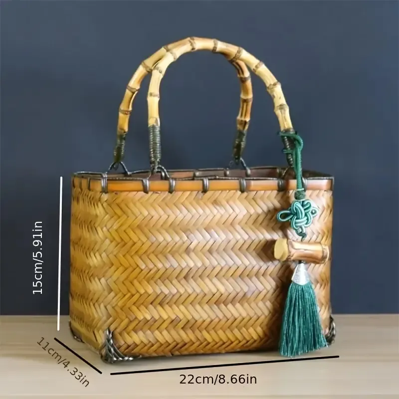 Chic Blue Plaid Handwoven Bamboo Tote - Durable, High-Quality Cotton Lining with Drawstring Closure for Women