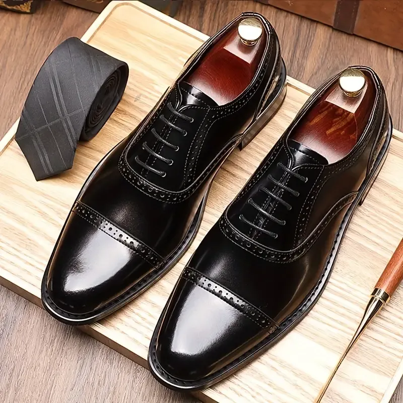 Men's Split Cow Leather Upper Solid Color Cap Toe Microfiber Upper Oxford Shoes, Comfy Non Slip Rubber Sole Durable Formal Shoes, Men's Footwear