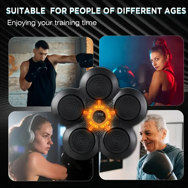 Smart Interactive Boxing Trainer Set, Wall-Mounted Punching Machine with USB Charging, Rhythm Lighting Effects, and Stereo Speakers, for Gym-Style Workouts, Punch-Free Installation, Adjustable Height, Includes Music Connectivity Feature, Suitable for Users Aged 14 and Up - Black
