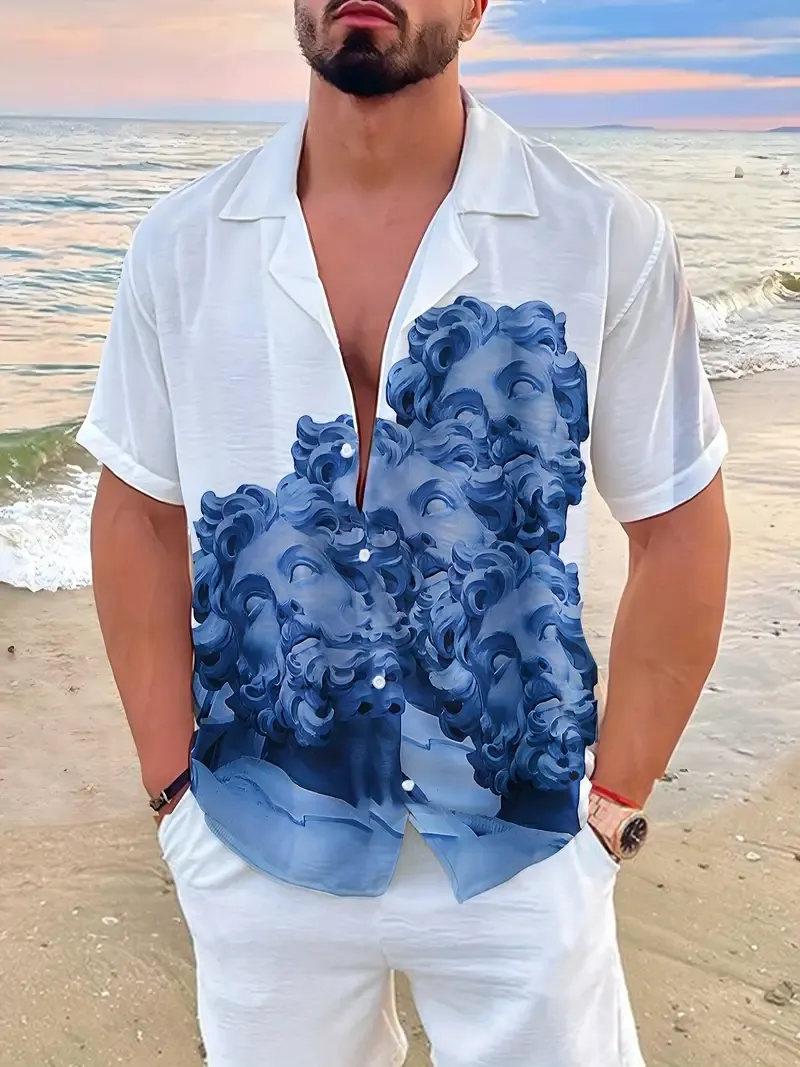 Men's 3D Sculptures Pattern Print Short Sleeve Shirt With Camp Collar, Casual Button Up Shirt For Summer Daily Wear And Vacation Resorts