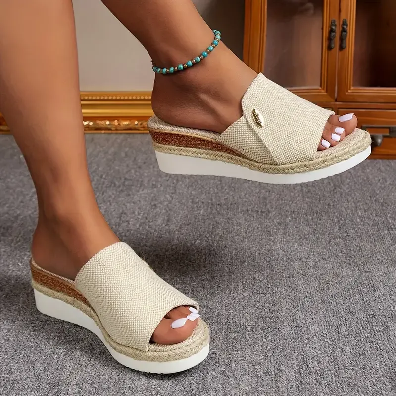 Women's Casual Wedge Sandals, Peep Toe Slip On Summer Platform Shoes, All-match Outdoor Vacation Slide Sandals