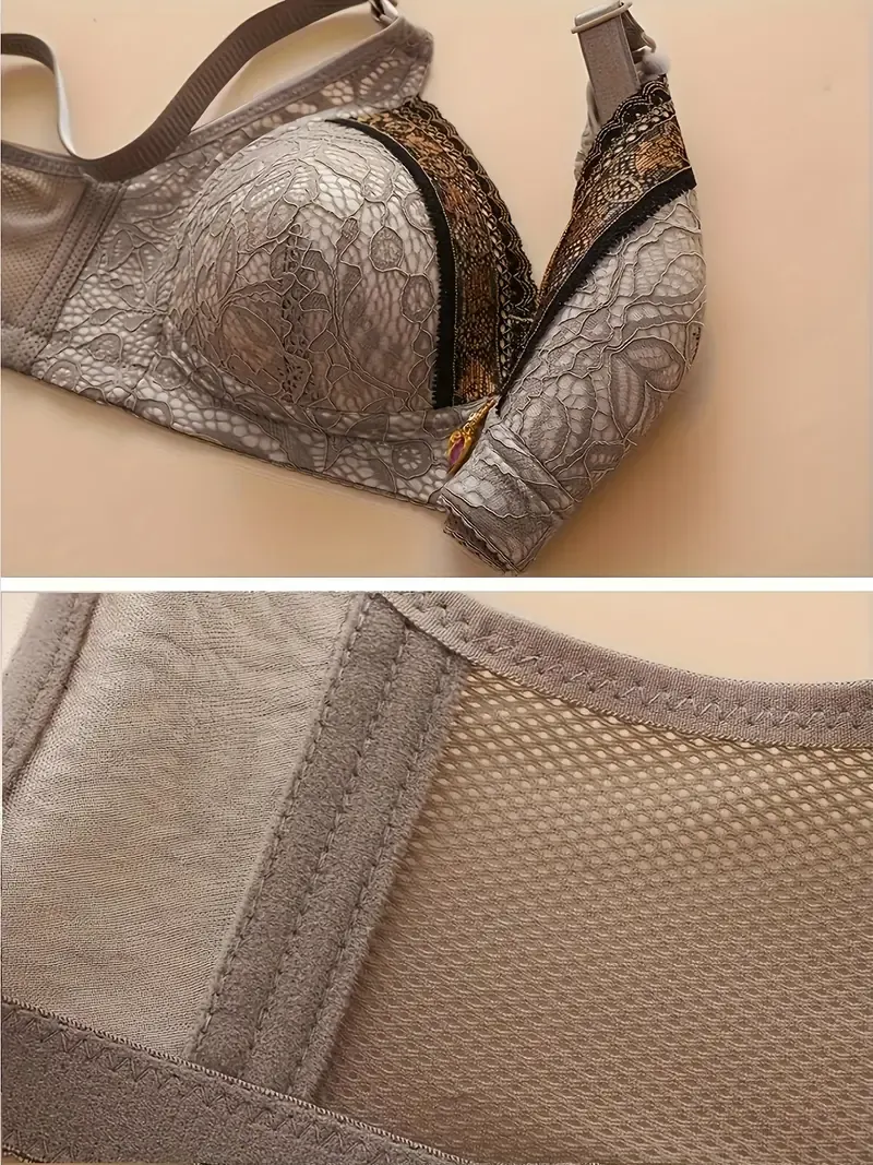 Rhinestone Decor Jacquard Lace Wireless Anti Sagging Bra, Elegant Adjustable Straps Push Up Breathable Bra, Women's Lingerie & Underwear