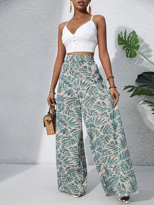 Printed casual high-waisted wide-leg trousers and long pants
