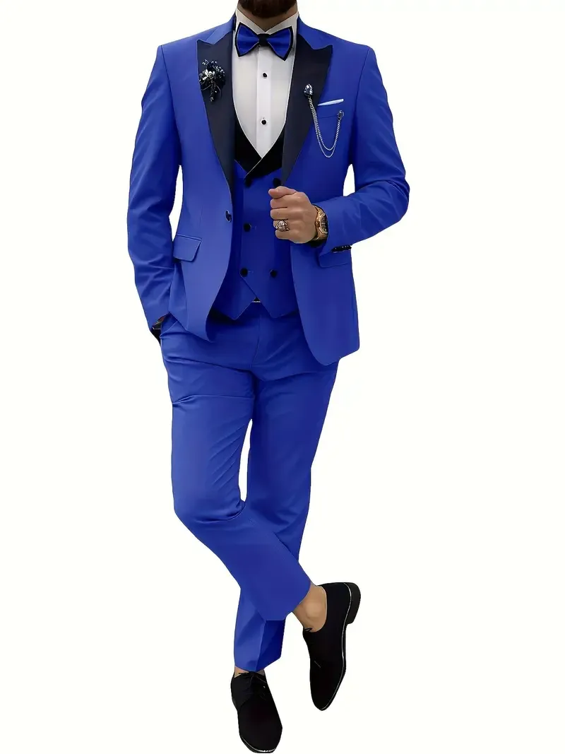 3pcs Men's Suits Set, Slim Fit Double Breasted Suit Vest + Long Sleeve Classic Lapel Suit Jacket + Suit Pant, Male Clothing For Wedding Banquet, Party, Business Occasions