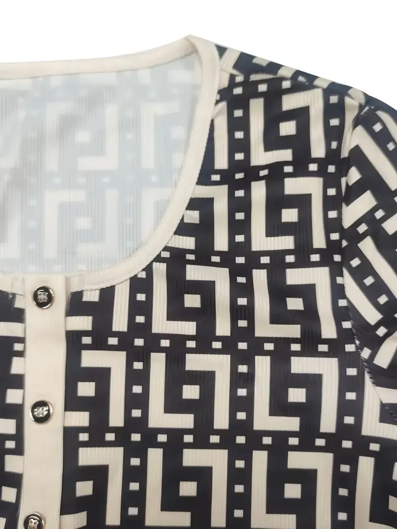 Geo Print Button Front T-Shirt, Casual Contrast Trim Long Sleeve T-Shirt For Spring & Fall, Women's Clothing