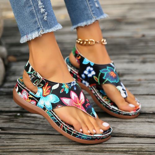 Herringbone sandals for women 2024 new ethnic style embroidered flowers back strap wedge sandals