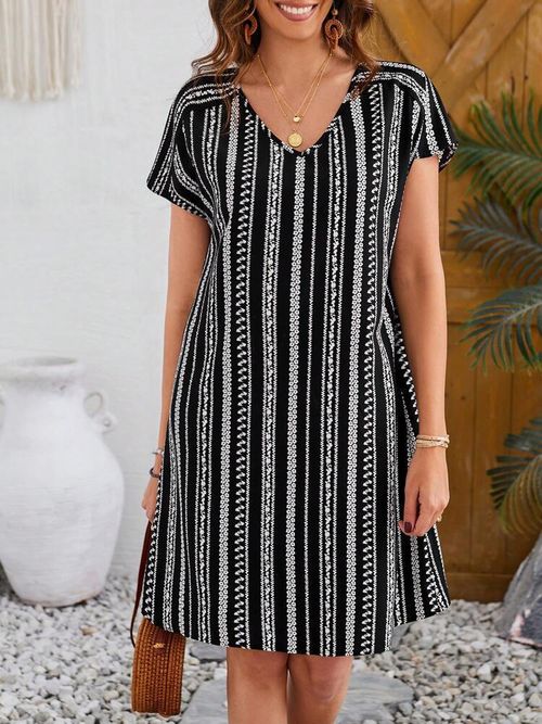 Ethnic Print V-neck Dress, Vacation Style Short Sleeve Slim Fit Dress For Spring & Summer, Women's Clothing
