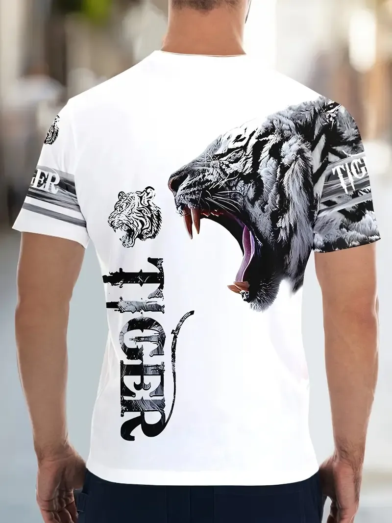 Men's Casual Fashion T-Shirt with 3D Tiger Print - Breathable Polyester, Round Neck, Short Sleeve Tee for Summer Outdoor Activities